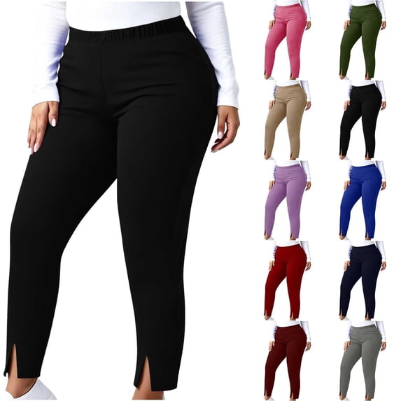 Qingpeng Womens Plus Size Stretch Leggings Elastic High Waist Split Hem Trousers Breathable Fitness Casual Daily Solid Color Pants