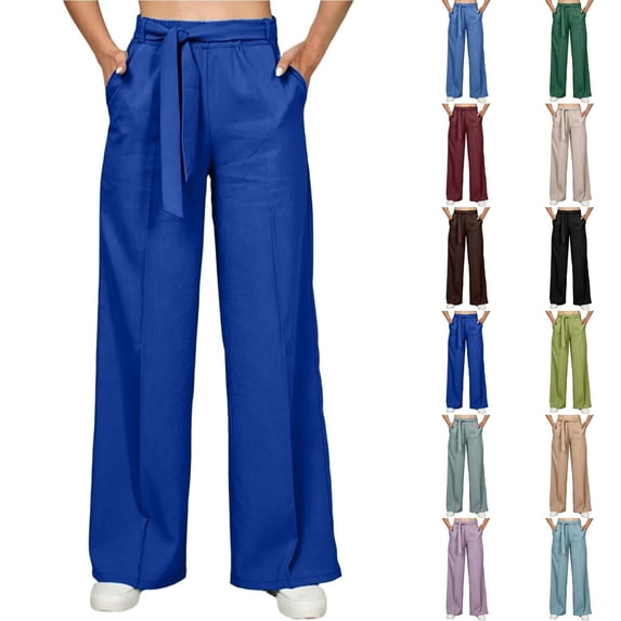 Qingpeng Womens Plus Size Wide Leg Pants High Waisted Elastic Palazzo Casual Pants Beach Trousers with Pockets