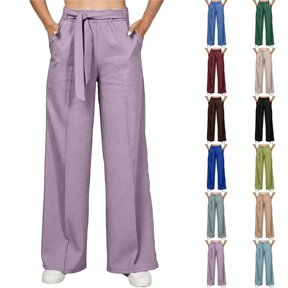 Qingpeng Womens Plus Size Wide Leg Pants High Waisted Elastic Palazzo Casual Pants Beach Trousers with Pockets