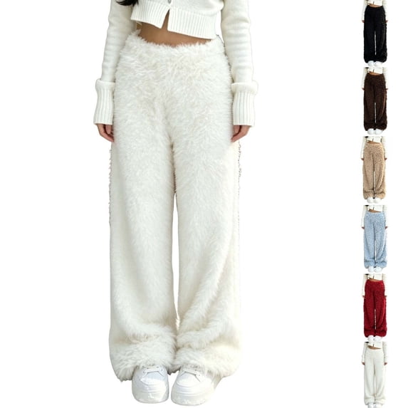 Qingpeng Womens Plush Warm Long Pants Elastic High Waist Wide Leg Trousers Thick Cozy Fall Winter Casual Pants for Women