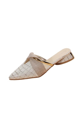 Womens Pointed Toe Flat Mules Croc Embossed Patent Upper Woven Fabric Strap Chic Slip On Backless Loafers