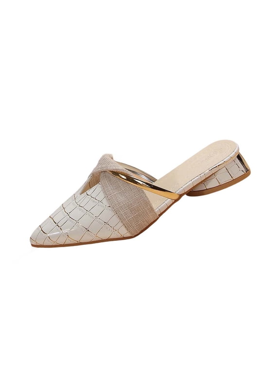 Womens Pointed Toe Flat Mules Croc Embossed Patent Upper Woven Fabric Strap Chic Slip On Backless Loafers