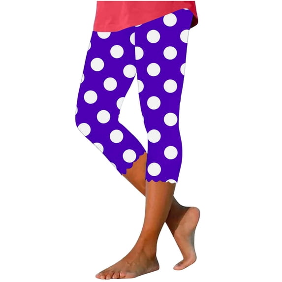 Qingpeng Womens Polka Dot Capri Leggings Scalloped Hem Stretchy Slim Fit Capris for Lounge Summer Wear