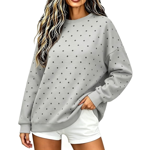 Qingpeng Womens Polka Dot Crew Neck Pullover Sweatshirt Long Sleeve Oversized Fleece Lined Tops for Casual Daily Home Wear