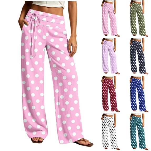 Qingpeng Womens Polka Dot Pants Drawstring Elastic Waisted Self Tie Comfy Pants Casual Loose Fit Trousers with Pockets