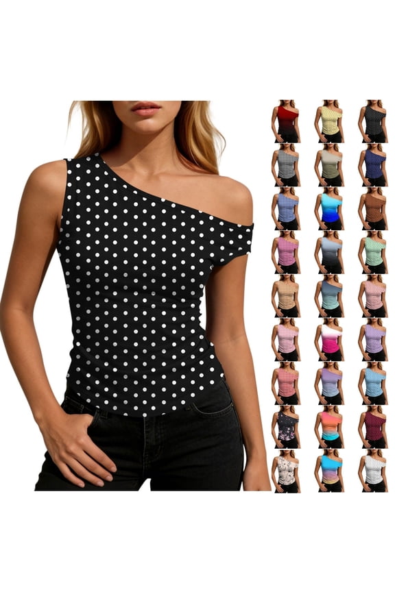Womens Polka Dots One Off The Shoulder T Shirts Sleeveless Retro Tops 2026 Summer Casual Slim Blouse