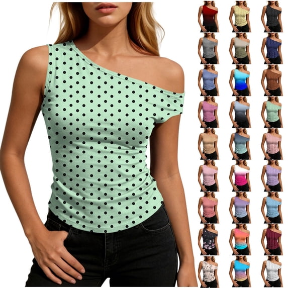 Qingpeng Womens Polka Dots One Off The Shoulder T Shirts Sleeveless Retro Tops 2026 Summer Casual Slim Blouse