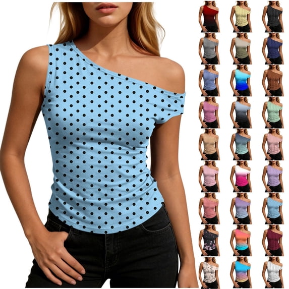 Qingpeng Womens Polka Dots One Off The Shoulder T Shirts Sleeveless Retro Tops 2026 Summer Casual Slim Blouse