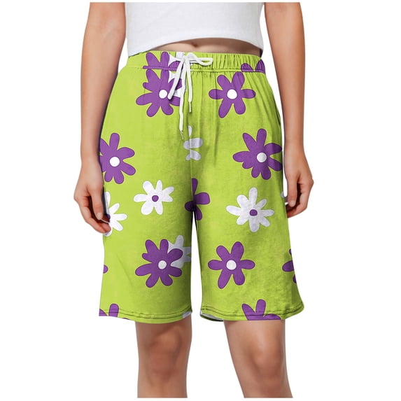 Qingpeng Womens Print Bermuda Shorts Drawstring Waist Loose Fit Knee Length Lounge Pajamas Bottoms for Sleepwear Summer Wear