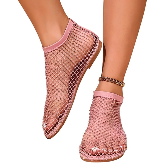 Qingpeng Womens Rhinestone Embellished Mesh Flat Sandals Open Toe High Ankle Design Breathable Slip On Summer Shoes