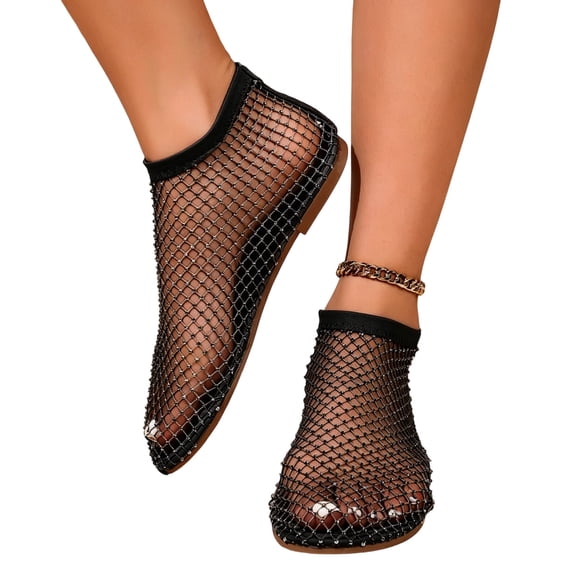 Qingpeng Womens Rhinestone Embellished Mesh Flat Sandals Open Toe High Ankle Design Breathable Slip On Summer Shoes