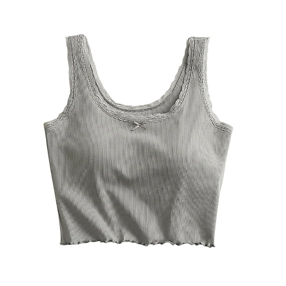 Qingpeng Womens Ribbed Knit Lace Trim Crop Tank Tops Bow Detail Wide Straps Sleeveless Fitted Cami Summer Loungewear Pajamas