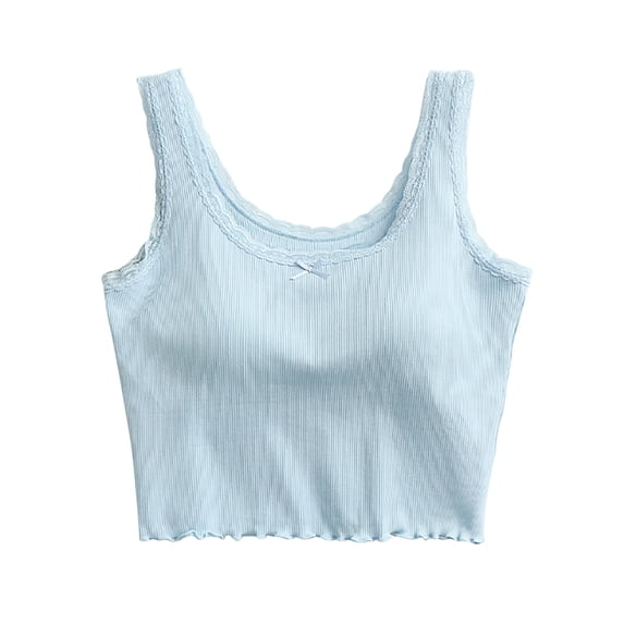 Qingpeng Womens Ribbed Knit Lace Trim Crop Tank Tops Bow Detail Wide Straps Sleeveless Fitted Cami Summer Loungewear Pajamas