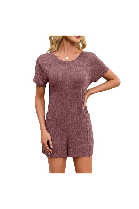 Womens Ribbed Knit Short Sleeve Romper Scoop Neck Relaxed Fit One Piece Lounge Jumpsuit Sleepwear for Home Relaxing