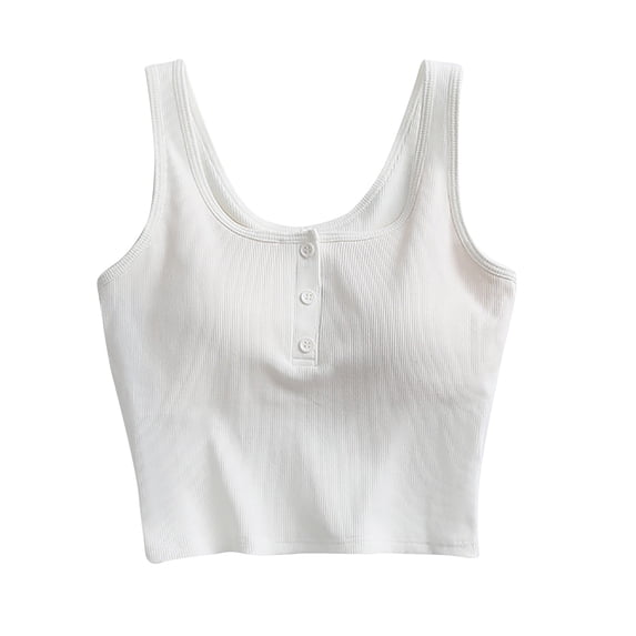 Qingpeng Womens Ribbed U Neck Henley Crop Tank Tops Button Placket Sleeveless Slim Fit Basic Cropped Cami Sleepwear Tops