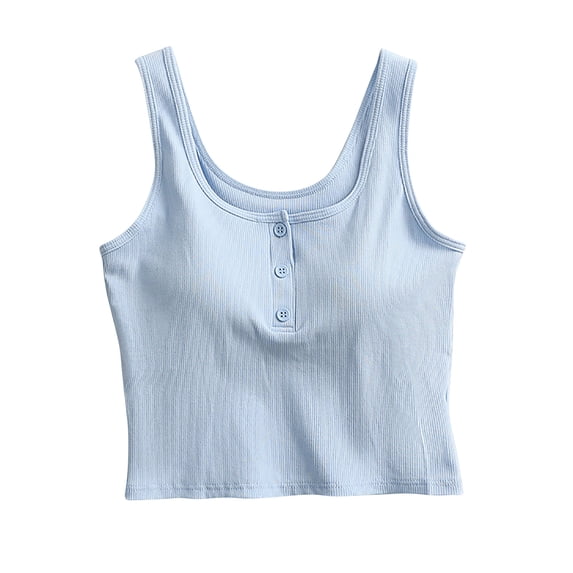 Qingpeng Womens Ribbed U Neck Henley Crop Tank Tops Button Placket Sleeveless Slim Fit Basic Cropped Cami Sleepwear Tops