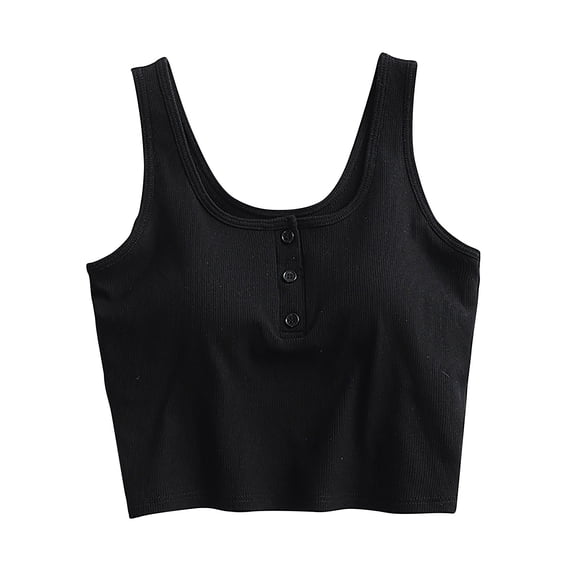 Qingpeng Womens Ribbed U Neck Henley Crop Tank Tops Button Placket Sleeveless Slim Fit Basic Cropped Cami Sleepwear Tops