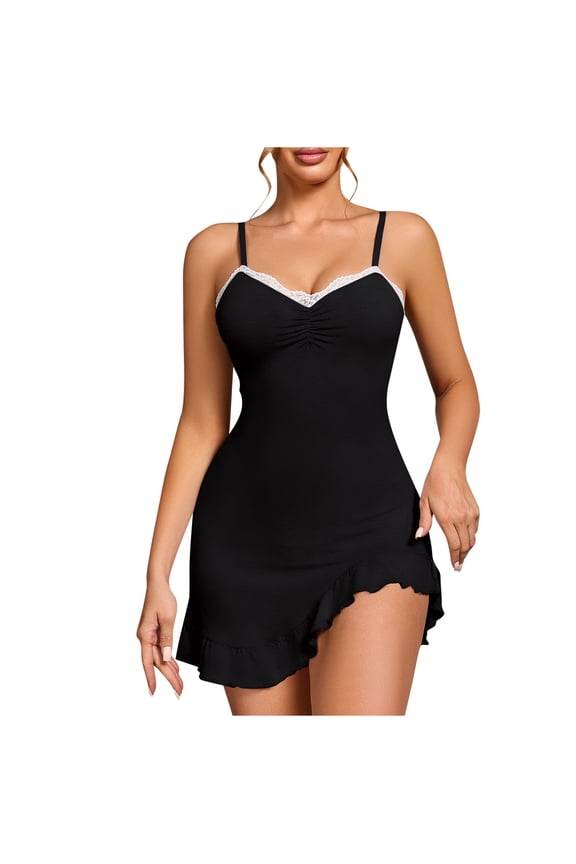 Womens Ruched Cami Chemise Contrast Lace Trim Ruffle Hem Slip Dress for Nightwear Romantic Date Night