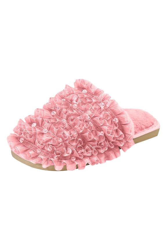 Womens Ruffle Slide Slippers Sequin Embellishments Cushioned Footbed Comfy Open Toe House Shoes for Lounge Winter Wear