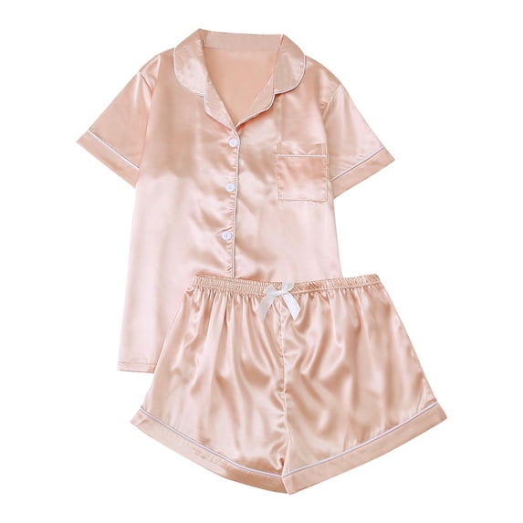 Qingpeng Womens Satin Button Down Pajama Set Short Sleeve Shirt and Elastic Waisted Bow Detail Shorts Contrast Piping Sleepwear