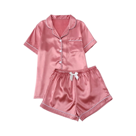 Qingpeng Womens Satin Button Down Pajama Set Short Sleeve Shirt and Elastic Waisted Bow Detail Shorts Contrast Piping Sleepwear
