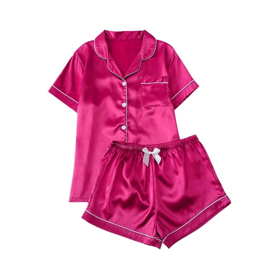 Qingpeng Womens Satin Button Down Pajama Set Short Sleeve Shirt and Elastic Waisted Bow Detail Shorts Contrast Piping Sleepwear