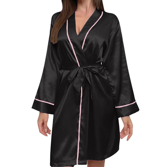 Qingpeng Womens Satin Robe Short Silky Kimono Bathrobe Belted Waist Robes Dressing Nightowns Loungewear for Bedroom
