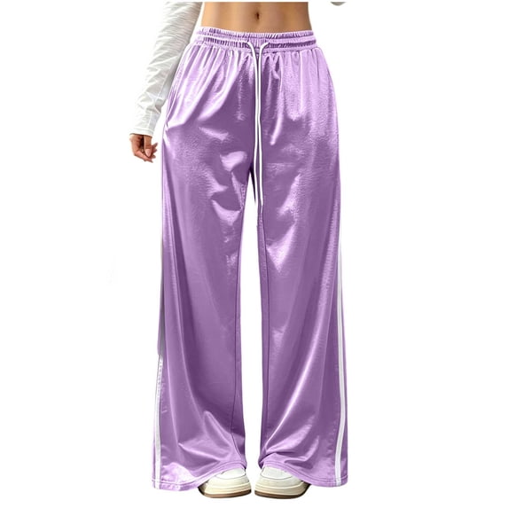 Qingpeng Womens Satin Sweatpants Wide Leg Drawstring Elastic Waisted Casual Trousers Shiny Side Striped Bottoms