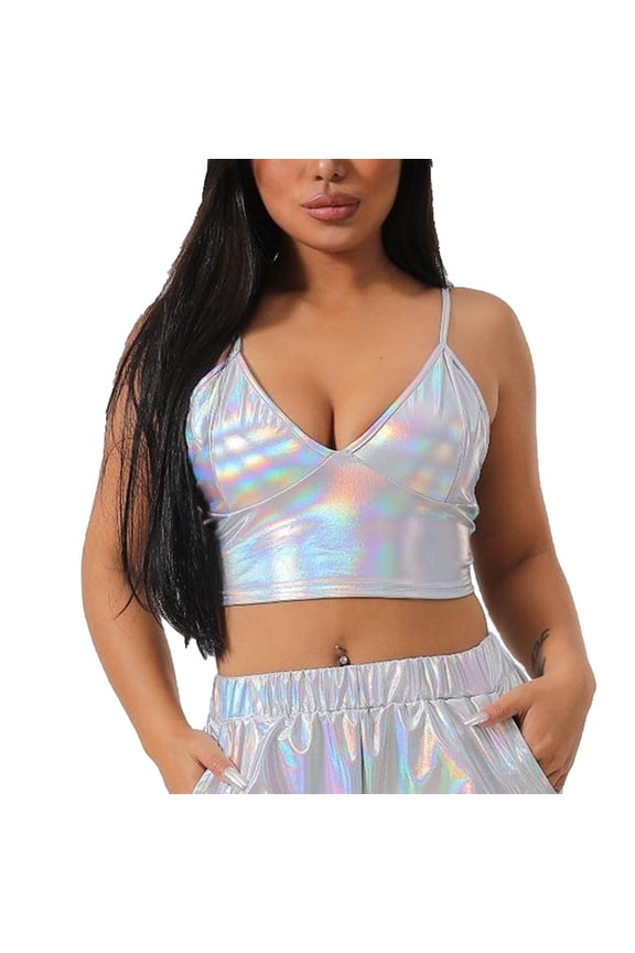 Womens Shiny Iridescent Crop Cami Tops Spaghetti Strap V Neck Metallic Crop Camisole for Party Occasions