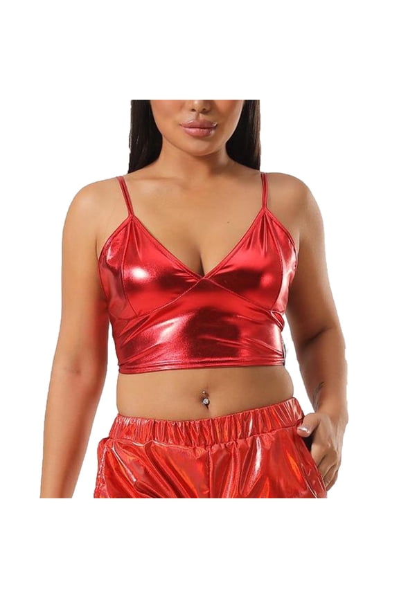 Womens Shiny Iridescent Crop Cami Tops Spaghetti Strap V Neck Metallic Crop Camisole for Party Occasions
