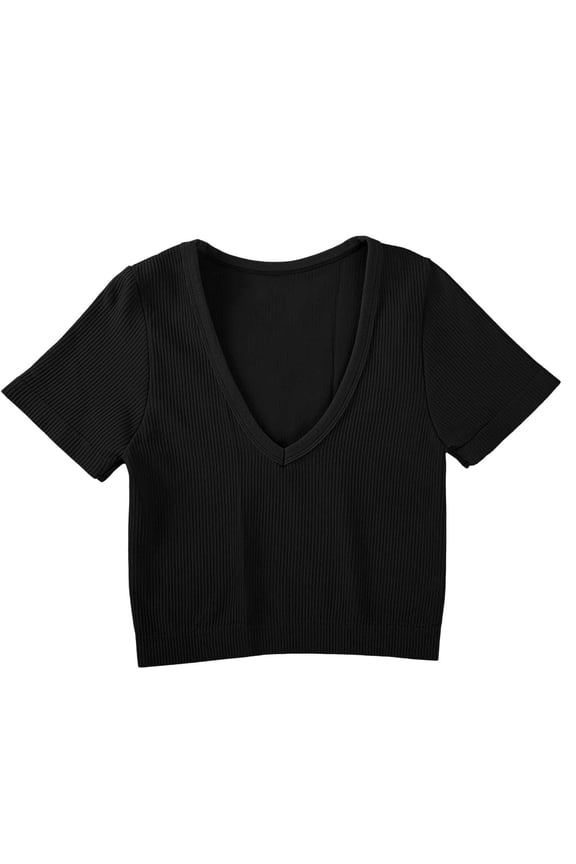 Womens Short Length Fitted V Neck Ribbed High Stretchy Bustier Short Sleeve Tops Cropped T Shirts