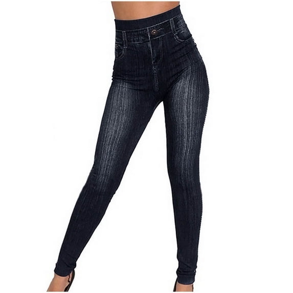 Qingpeng Womens Skinny Fit Faux Denim Leggings High Waisted Stretchy Knitting Cotton Pencil Pants for Versatile Style