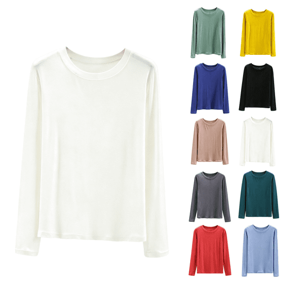 Qingpeng Womens Solid Crew Neck Pajama Top Long Sleeve Relaxed Soft Sleepwear Casual Shirt for Home Wear