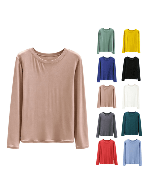 Womens Solid Crew Neck Pajama Top Long Sleeve Relaxed Soft Sleepwear Casual Shirt for Home Wear