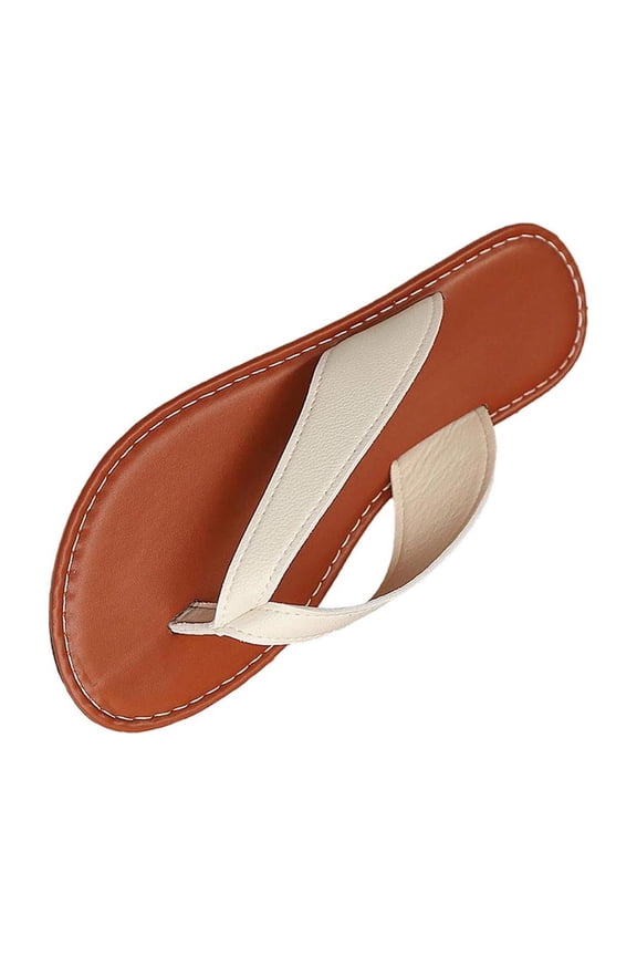 Womens Solid Color Leather Stitch Trim Thong Flip Flops Open Toe Slip On Flat Slide Sandals Casual Summer Walking Footwear