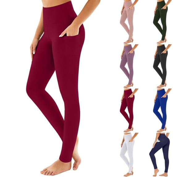 Qingpeng Womens Solid Color Leggings Tummy Control High Waisted Workout Yoga Pants Sportswear with Pockets
