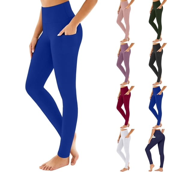 Qingpeng Womens Solid Color Leggings Tummy Control High Waisted Workout Yoga Pants Sportswear with Pockets