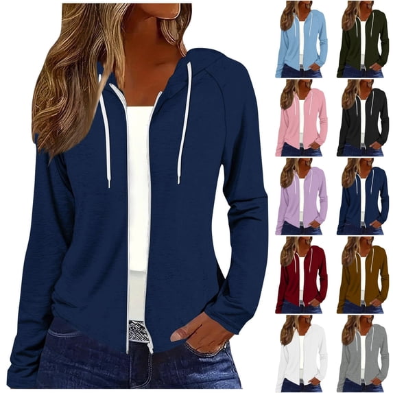 Qingpeng Womens Solid Color Zipper Up Hoodie Lightweight Long Sleeve Drawstring Hooded Casual Open Front Outerwear Daily Tops