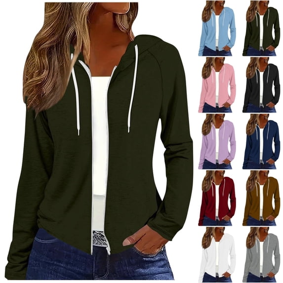 Qingpeng Womens Solid Color Zipper Up Hoodie Lightweight Long Sleeve Drawstring Hooded Casual Open Front Outerwear Daily Tops