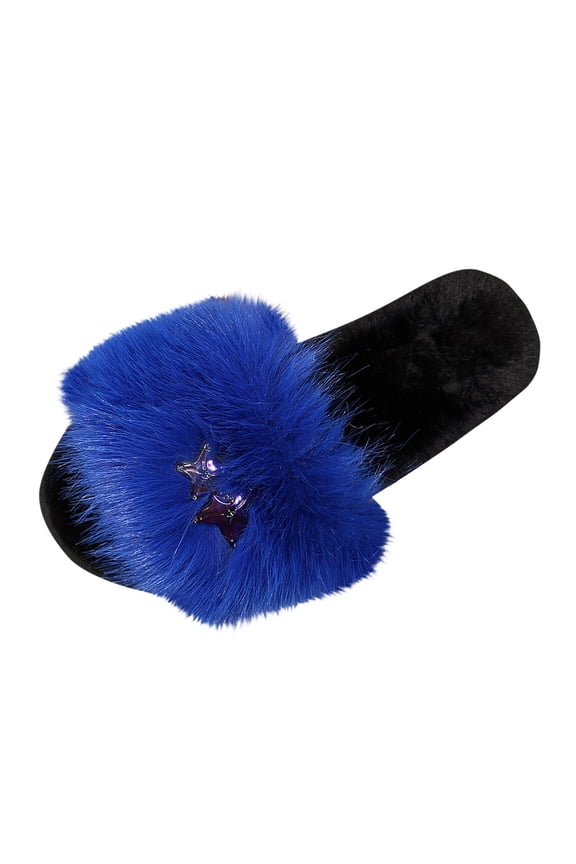 Womens Star Metal Decor Fuzzy Slide Slippers Wide Fluffy Strap Open Toe Plush Lined Flat Trendy Indoor Outdoor Warm Slipper