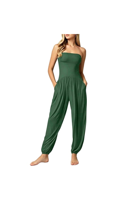Womens Strapless Tube Top Harem Jumpsuits High Waisted Joggers Soft Knit Ruched Casual Romper Long Pants