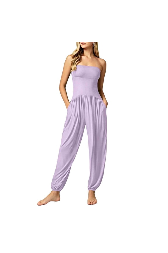 Womens Strapless Tube Top Harem Jumpsuits High Waisted Joggers Soft Knit Ruched Casual Romper Long Pants
