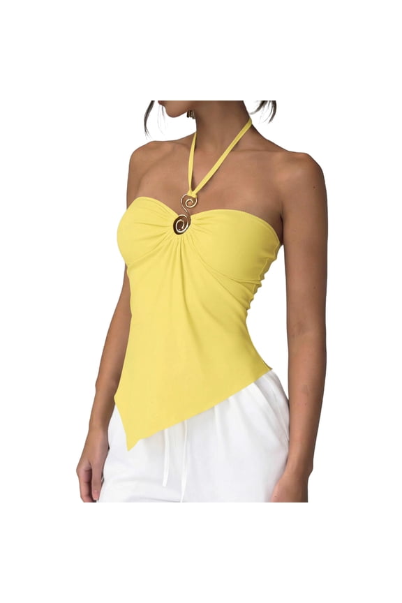 Womens Summer Casual Tops Ruched Backless Irregular Hem Halter Strappy Blouses Beach Vacation Camisole Shirts