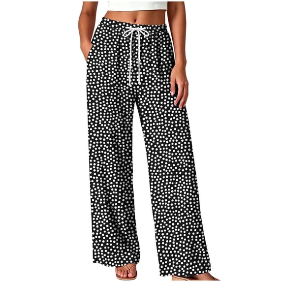 Qingpeng Womens Summer Palazzo Pants Printed Flowy Beach Wide Leg Casual Pants Trousers with Pockets for Daily Wear
