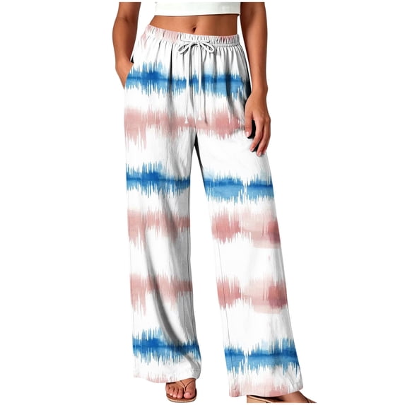 Qingpeng Womens Summer Palazzo Pants Printed Flowy Beach Wide Leg Casual Pants Trousers with Pockets for Daily Wear