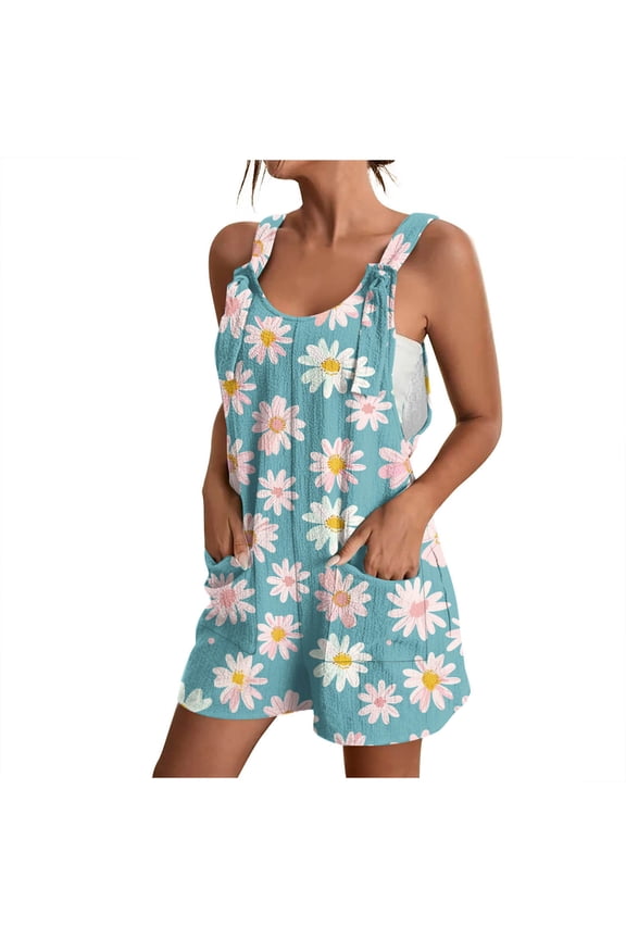 Womens Sunflower Printed Rompers Casual Summer Loose Fit Jumpsuits Short Overalls Comfy Lounge Clothes with Pockets