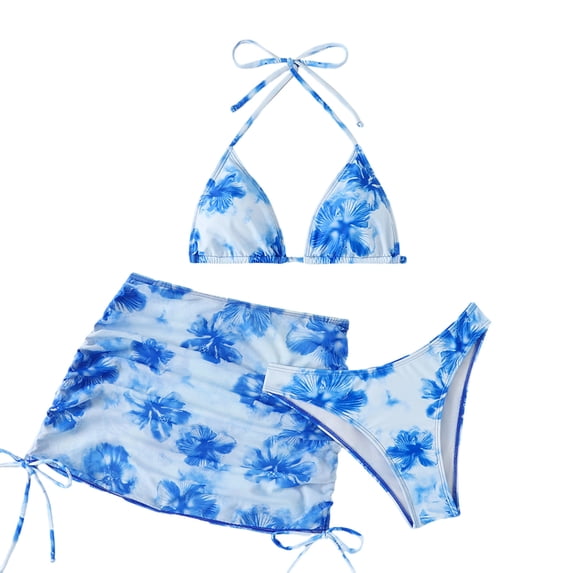 Qingpeng Womens Swimsuits 3 Piece Bikini Set Triangle Halter Tops High Waisted Floral Print Cover Up Skirts Bathing Suit