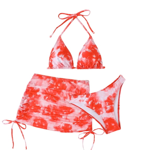 Qingpeng Womens Swimsuits 3 Piece Bikini Set Triangle Halter Tops High Waisted Floral Print Cover Up Skirts Bathing Suit