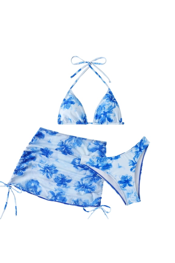 Womens Swimsuits 3 Piece Triangle Halter Top High Waisted Bikini Set Floral Print Bows