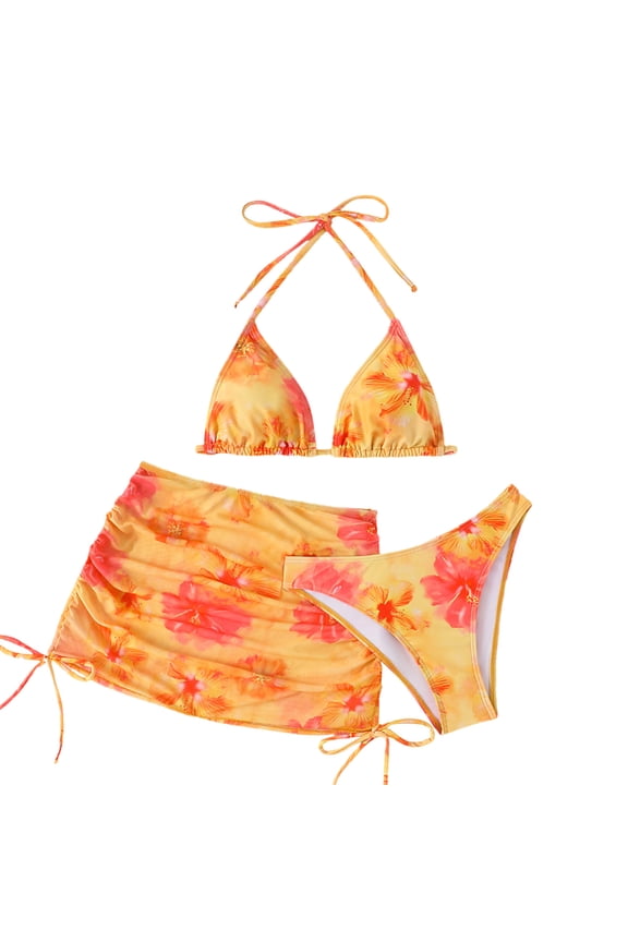 Womens Swimsuits 3 Piece Triangle Halter Top High Waisted Bikini Set Floral Print Bows